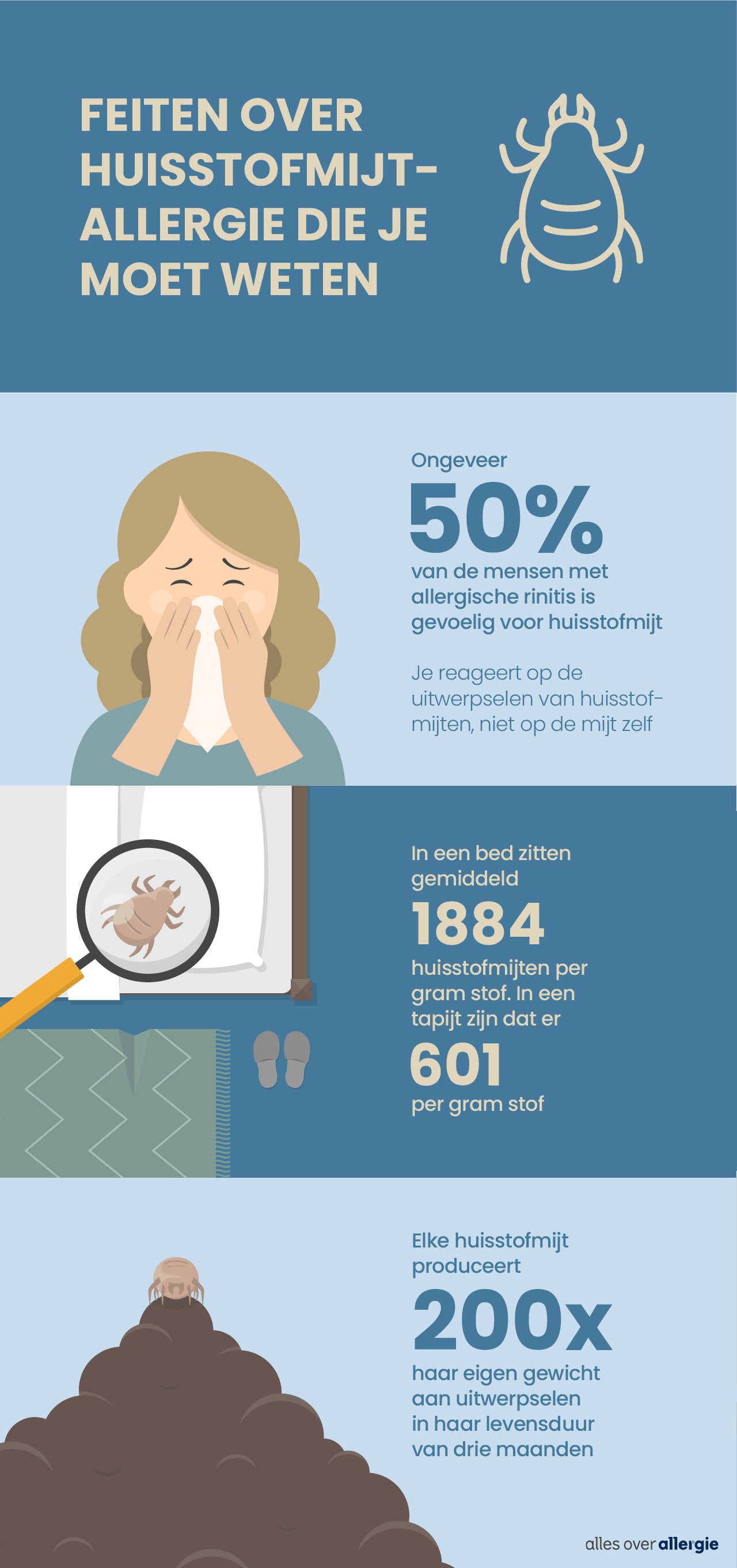 Infographic met feiten en cijfers over huisstofmijtallergie, waaronder hoe vaak het voorkomt en wat een reactie uitlokt